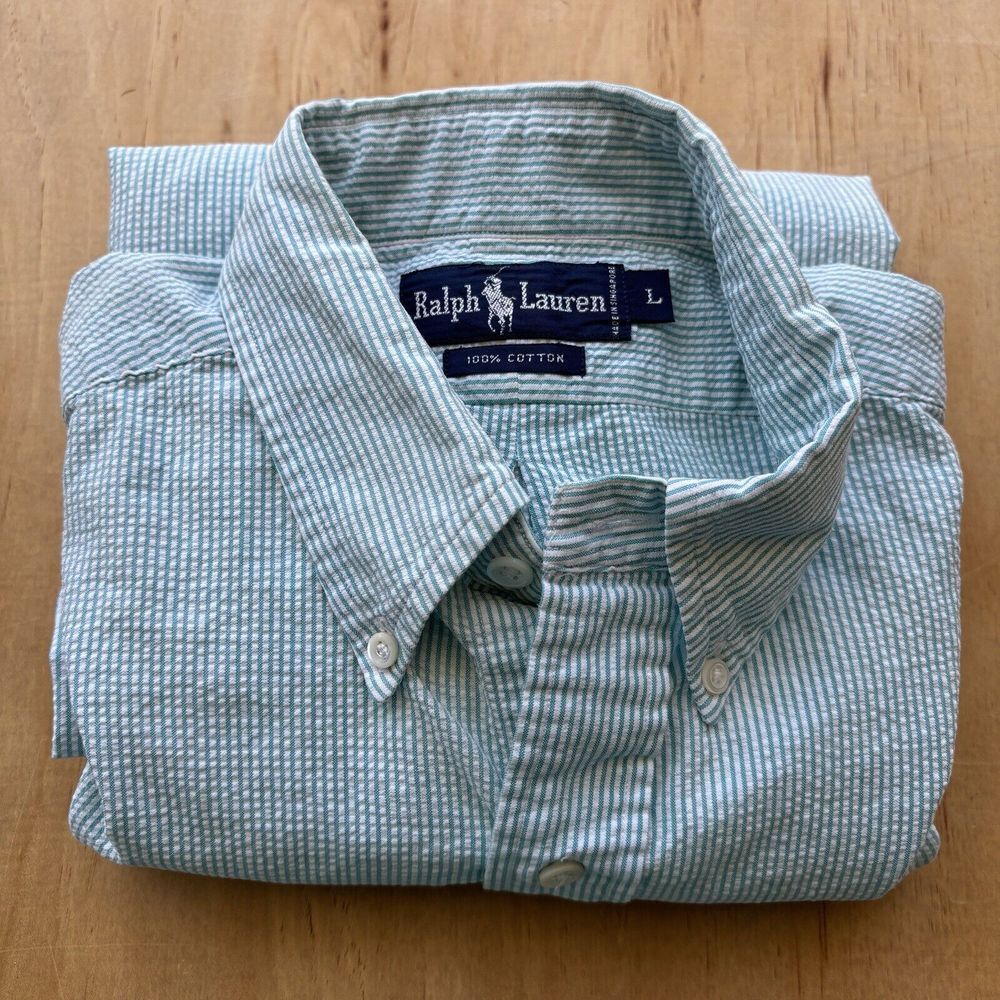 Men's Large Ralph Lauren Shortsleeve Blue Striped Cotton Seersucker Shirt